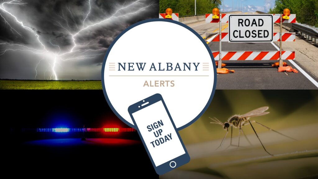 New Albany Alerts logo with phone saying Sign Up, flanked by lightning, a road-closed sign, police lights and a mosquito.