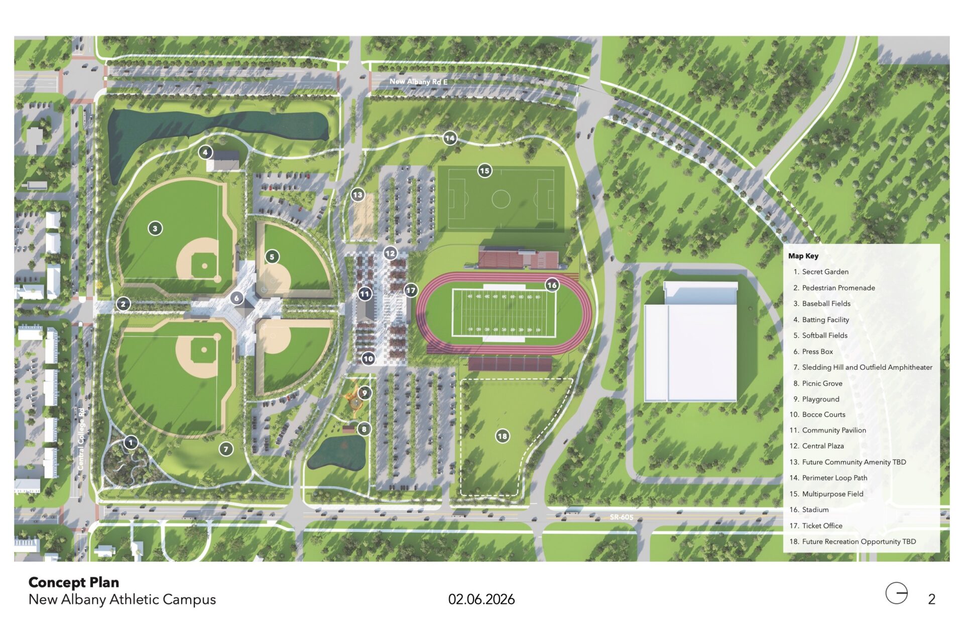 Concept aerial map of New Albany Athletic Campus with baseball/softball diamonds, parking, central plaza, stadium with track.