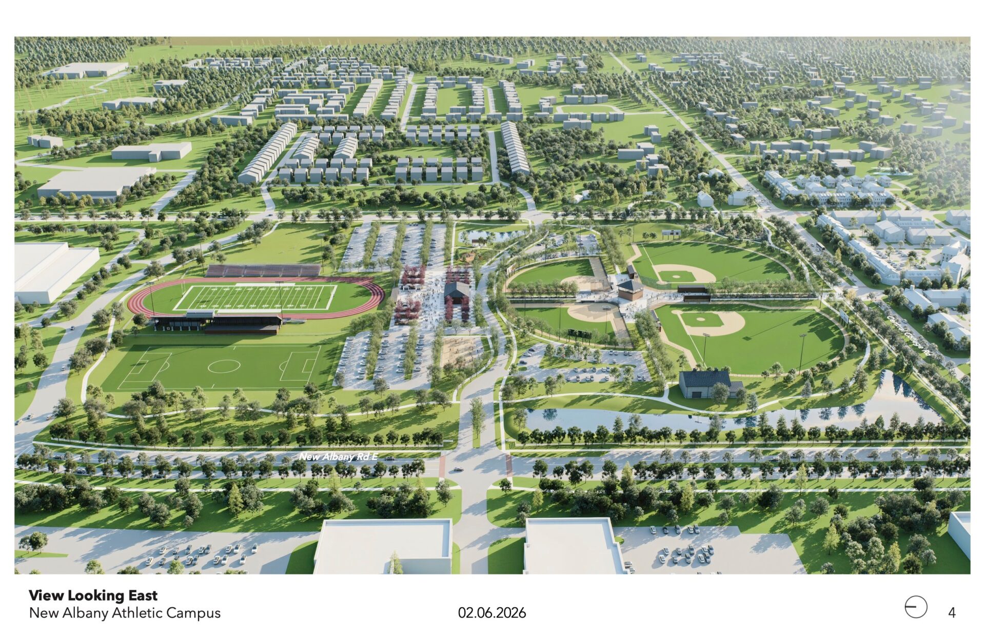 Aerial rendering of New Albany Athletic Campus showing a track stadium, soccer pitch, several baseball diamonds, parking, and nearby homes.