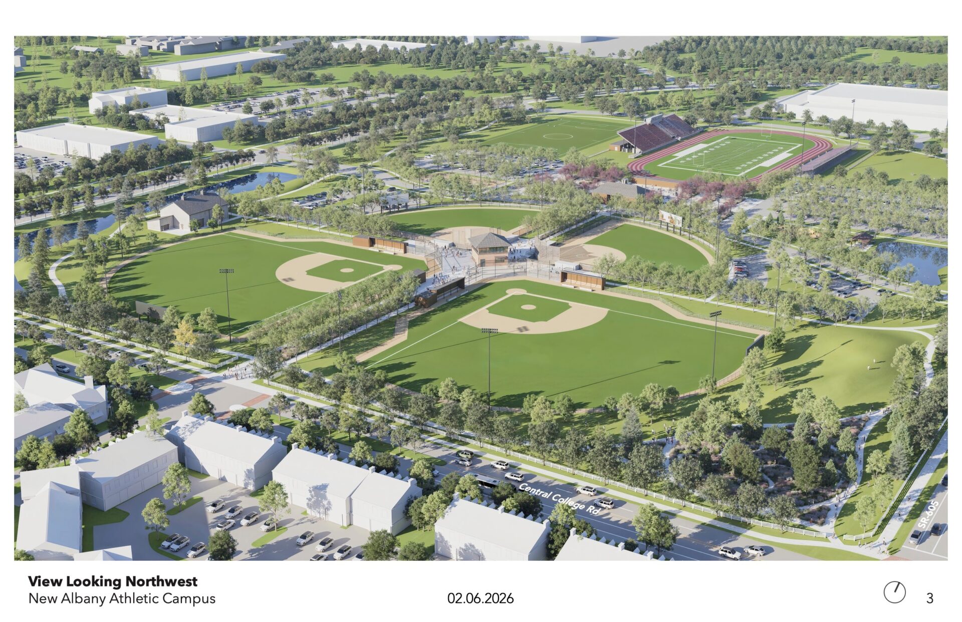 Aerial view of athletic campus with three baseball diamonds, a track stadium, parking and tree-lined paths.