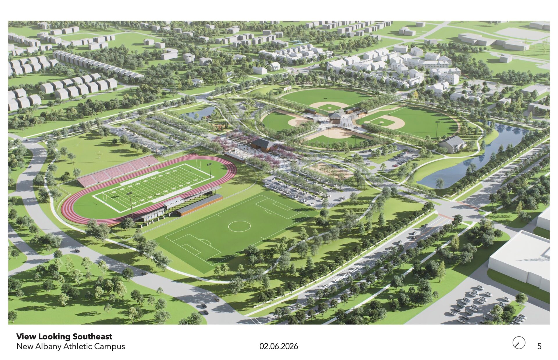 Aerial rendering of New Albany Athletic Campus with stadium and track, soccer pitch, baseball diamonds, parking, and ponds.