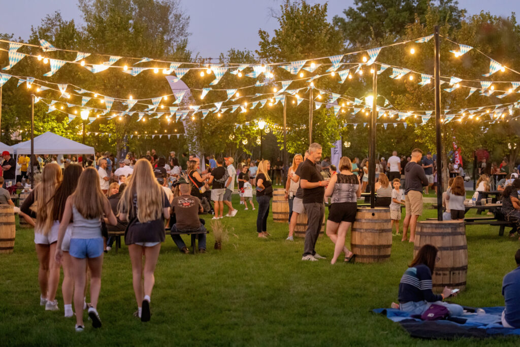 Outdoor evening festival with string lights and blue-white pennant banners above crowds socializing on grass