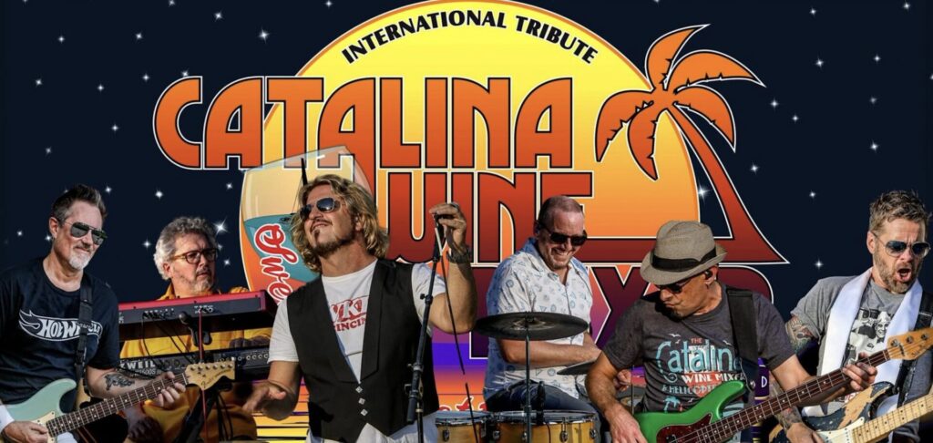 Six-piece band singing and playing guitars, keyboards and drums in front of a large retro Catalina sunset logo with palm tree.