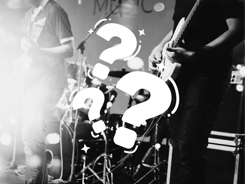 Two electric guitarists on stage with a drum kit behind in a black-and-white photo overlaid with large stylized white question marks.