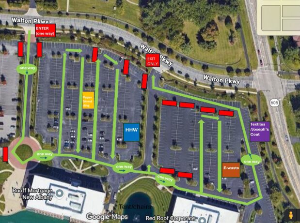 Aerial map of a parking lot with green arrows showing a one-way traffic flow around rows of parking; red bars mark lane barriers; colored boxes label collection areas like HHW (blue), E-waste (orange), textiles (purple), and paper shredding (yellow); Walton Parkway and surrounding roads visible.
