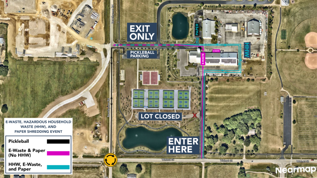 Aerial map showing event traffic flow: entrance at Walnut St, lot closed, pickleball courts, and marked routes for e-waste, HHW, paper.