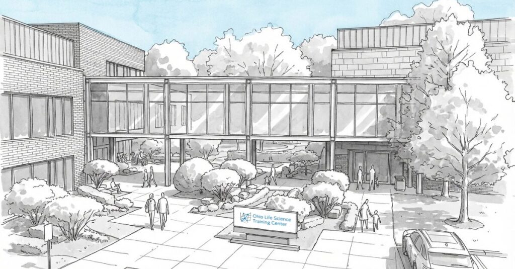 Two-story glass-and-brick training center courtyard with shrubs, people, and a sign reading Ohio Life Science Training Center