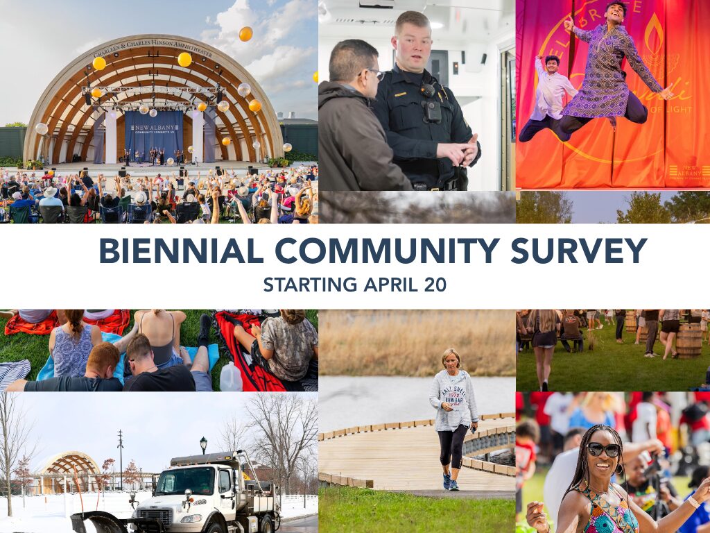 Collage of community scenes including outdoor concert at an amphitheater, police talking to a resident, performers, walkers, and festivalgoers with text "Biennial Community Survey"
