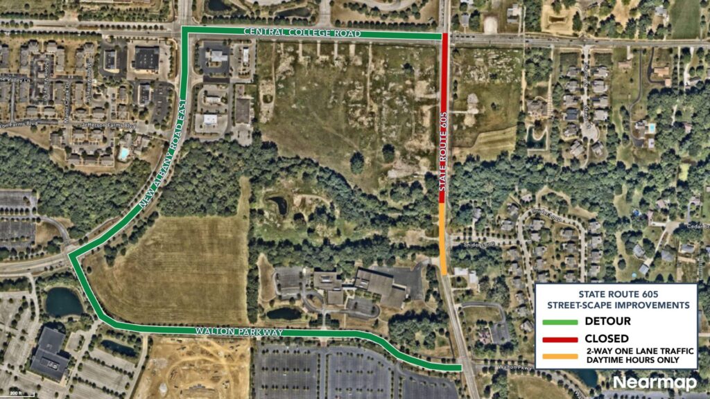 Aerial map showing State Route 605 with a red closed segment and green detour along Central College Rd, New Albany Rd, and Walton Pkwy.