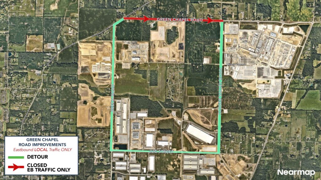 Aerial map showing Green Chapel Road closure (red) and a green detour route around industrial and rural area with labeled roads