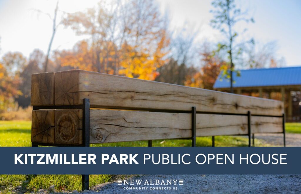 Wooden park bench with metal supports in front of autumn trees, overlay text reading Kitzmiller Park Public Open House.