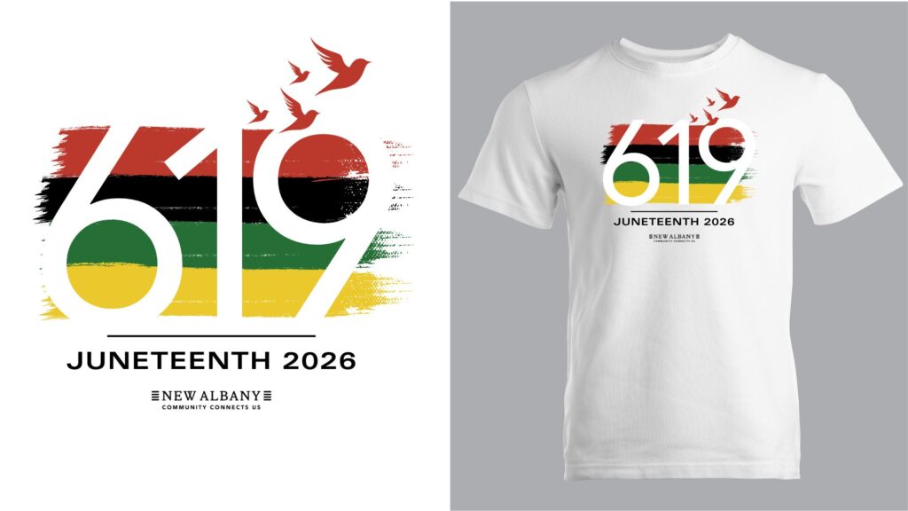 Large stylized "619" with red, black, green, yellow brush stripes and flying red birds above, "Juneteenth 2026" text below on a white tee.
