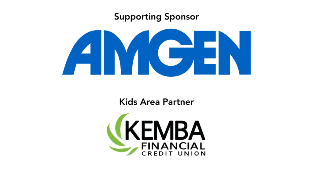 Supporting Sponsor text above a large blue AMGEN logo, and below it "Kids Area Partner" with the Kemba Financial Credit Union logo featuring black text and a green swoosh graphic