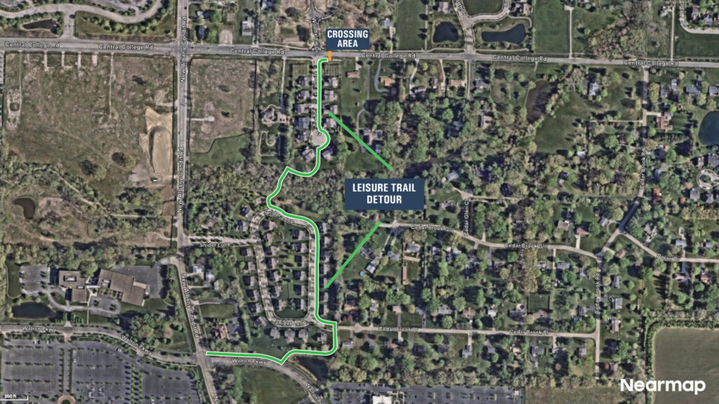 Aerial map showing a green-marked leisure trail detour winding through a residential area with roads labeled Central College Rd and Walton Pkwy.