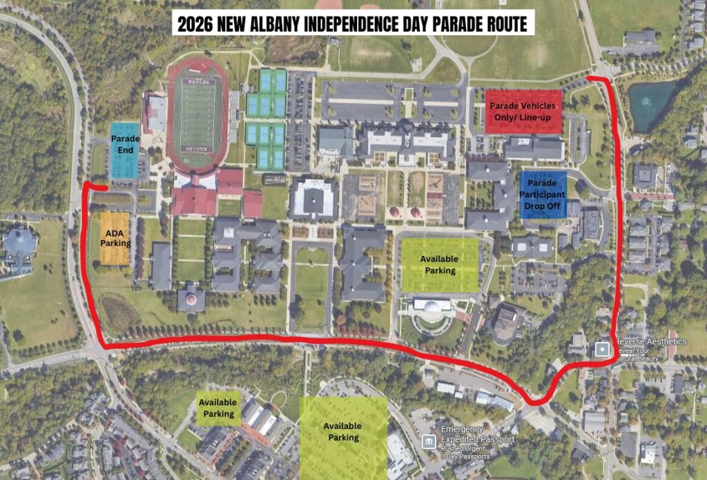 Aerial map showing the 2026 New Albany Independence Day parade route marked in red looping around a college campus, with labeled zones for parade vehicle line-up, participant drop-off, ADA parking, parade end, and multiple available parking areas.