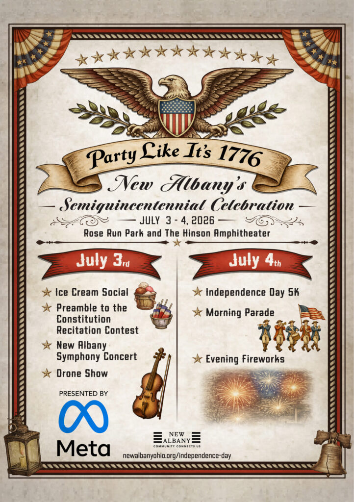 Vintage-style Independence Day event poster with eagle crest, event dates, July 3–4 schedule, and fireworks image