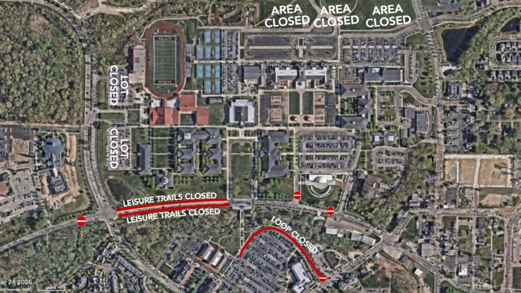 Aerial map of a campus with marked road and trail closures in red labeled "Leisure trails closed," "Loop closed," and "Area/Lot closed."