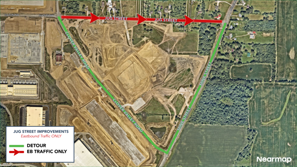 Aerial map showing Jug Street eastbound detour in red arrows and green detour route along Clover Valley and Mink Street.
