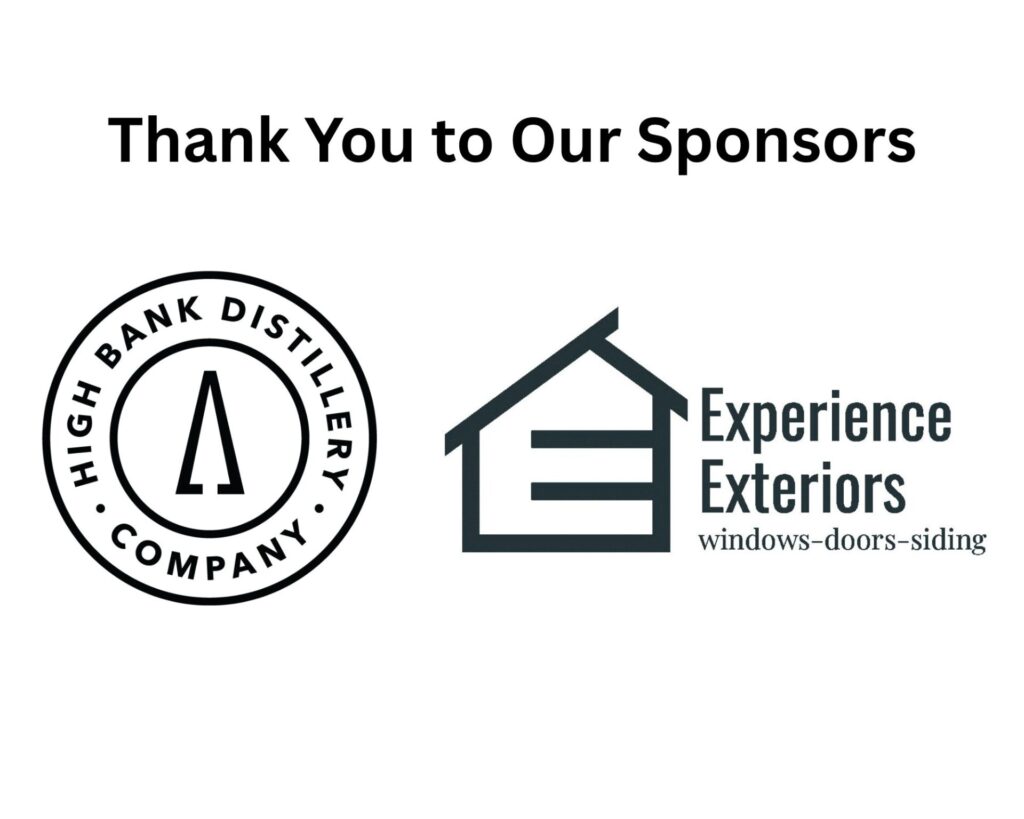 Thank you to our sponsors headline with two sponsor logos: High Bank Distillery circular seal and Experience Exteriors house icon