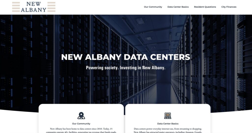 Website header showing rows of server racks in a blue-lit data center with bold text "New Albany Data Centers" and subheading about powering society.