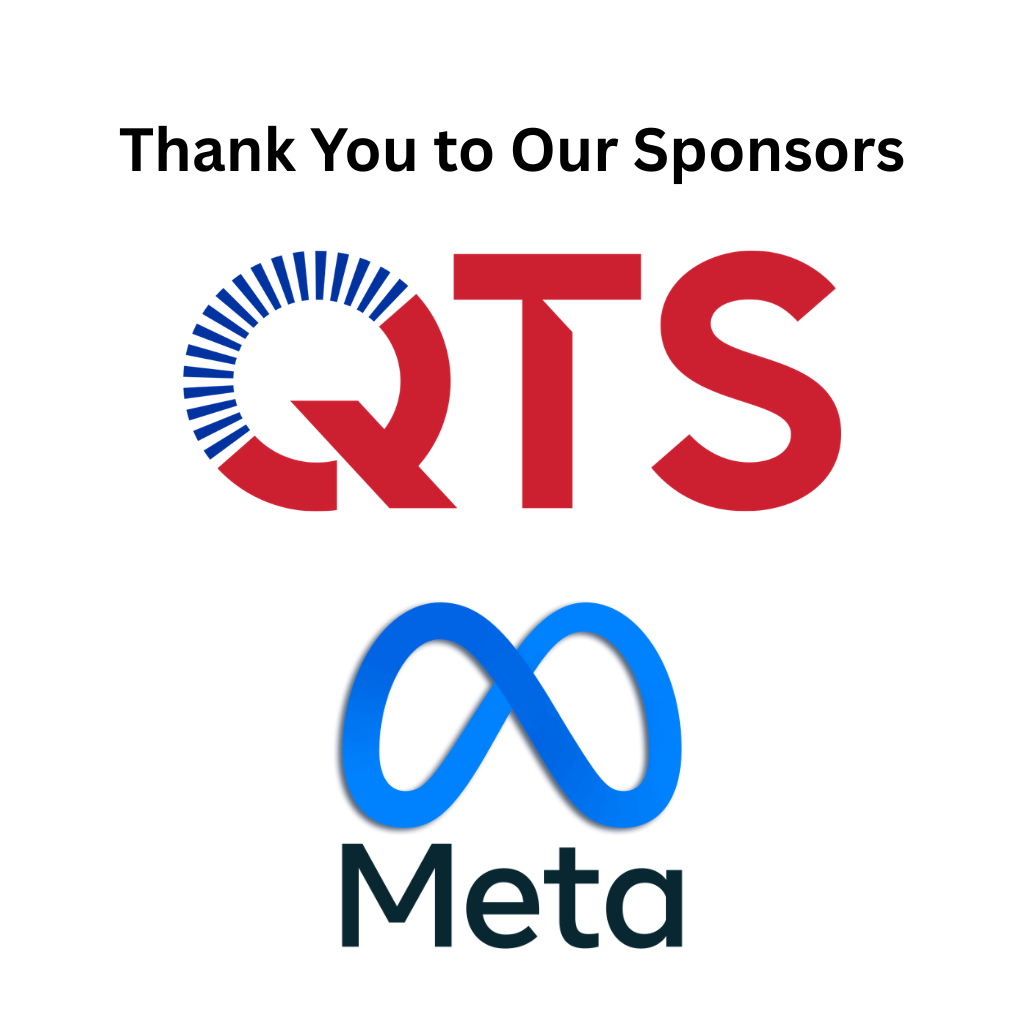 Banner reading "Thank You to Our Sponsors" above two corporate logos: red QTS with blue radial accents and blue Meta infinity logo with "Meta" text below.