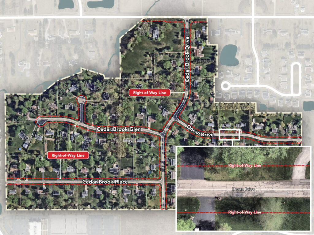 Ariel view of the Cedar Brook neighborhood with the sidewalks marked on the overhead image in red.
