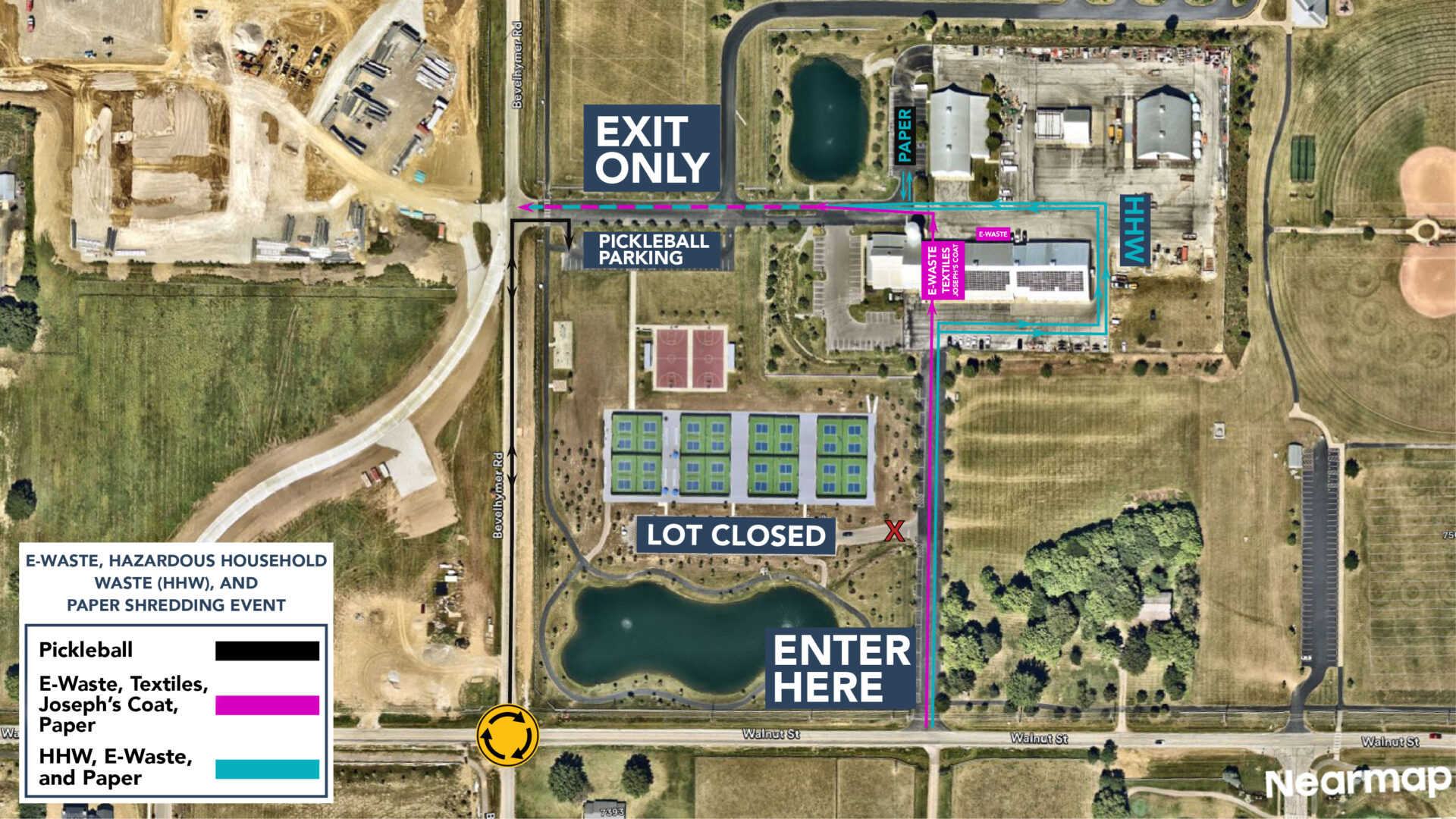 overhead map of the Public Service complex with multiple colored lines directing people.