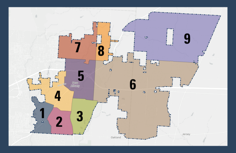 Color-coded map showing multiple adjacent regions within a larger area, with neighborhoods in purple, orange, tan, green, yellow, pink, and blue separated by white boundaries.