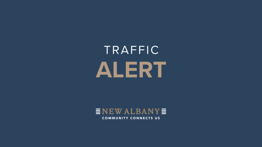 A navy blue background with the words "Traffic Alert" and the City of New Albany logo