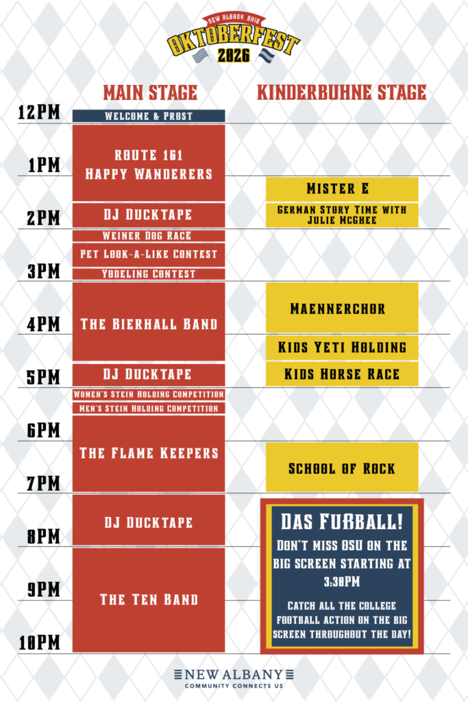 A detailed dual schedule of the Main Stage and Children's stage. The main stage is shown in red squares and the children's stage is shown in yellow squares.