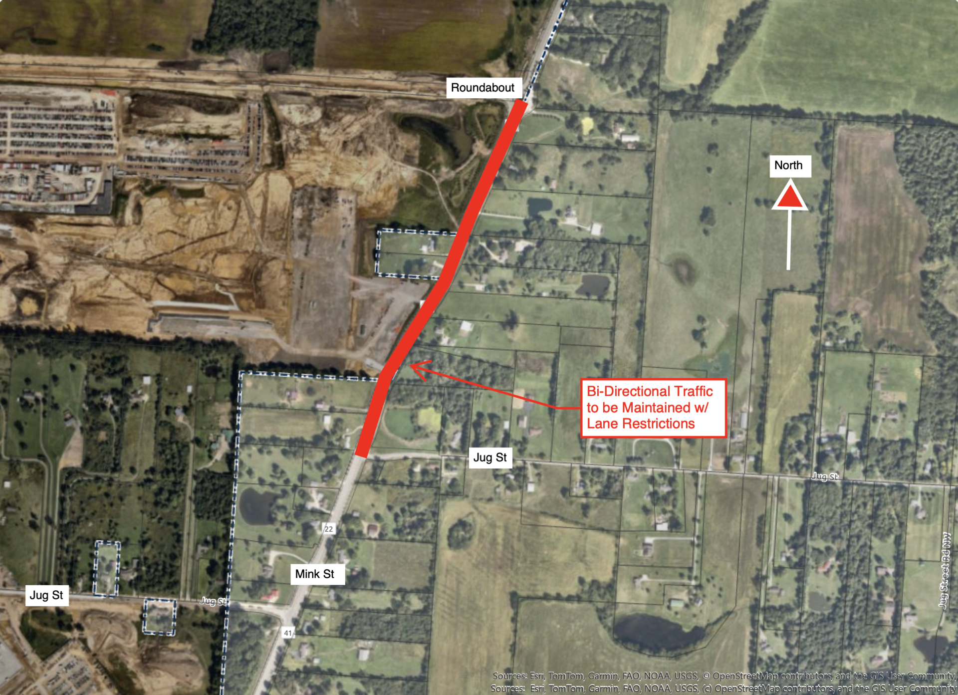An overhead map showing Mink St. between Jug St. and the roundabout. There is a text box that reads "Bi-Directional Traffic to be maintained w/ Lane Restrictions"