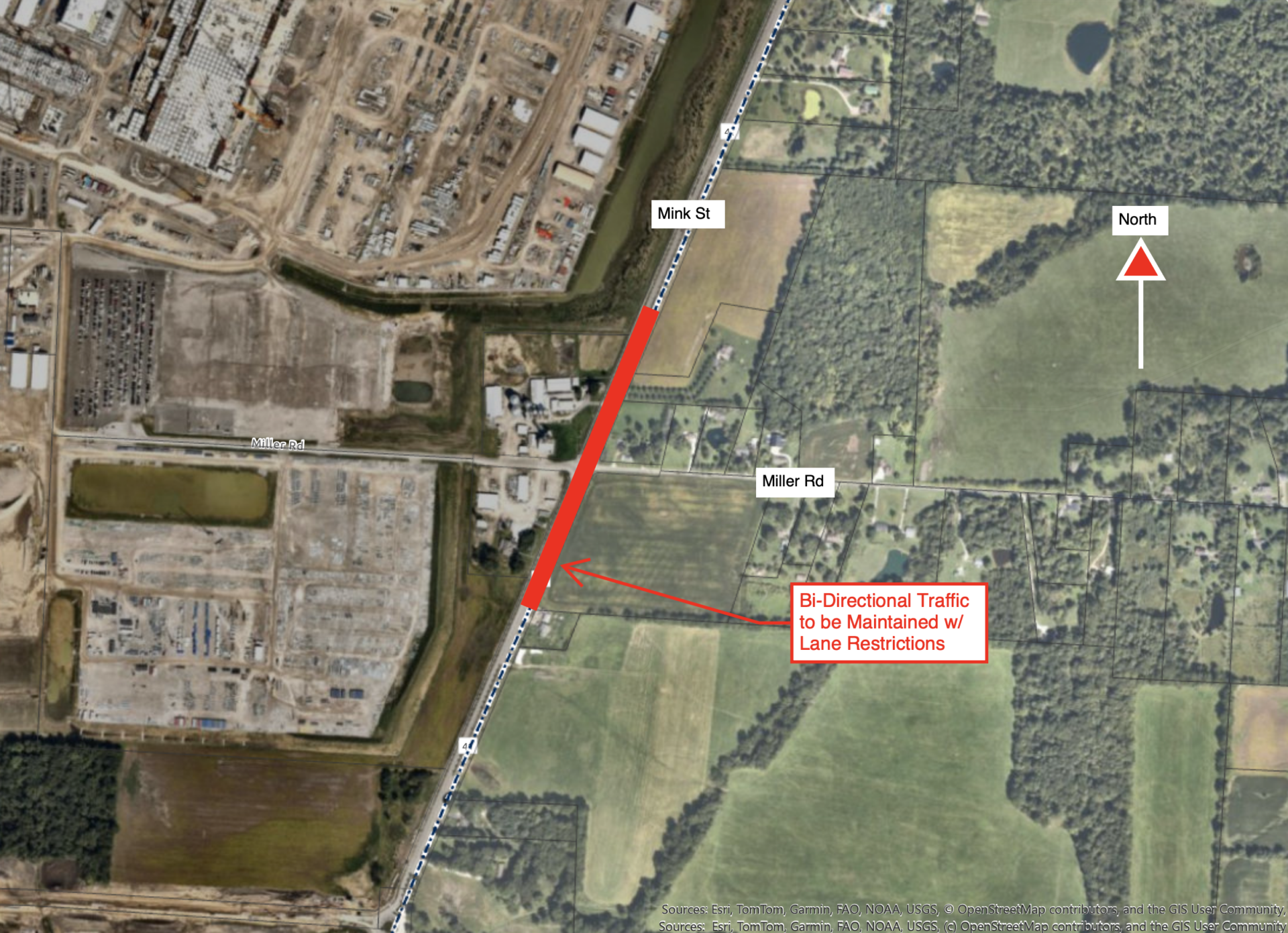 An overhead view of Mink St. and Miller Rd. with a text box that reads "Bi-Directional Traffic to be maintained w/ lane restrictions"