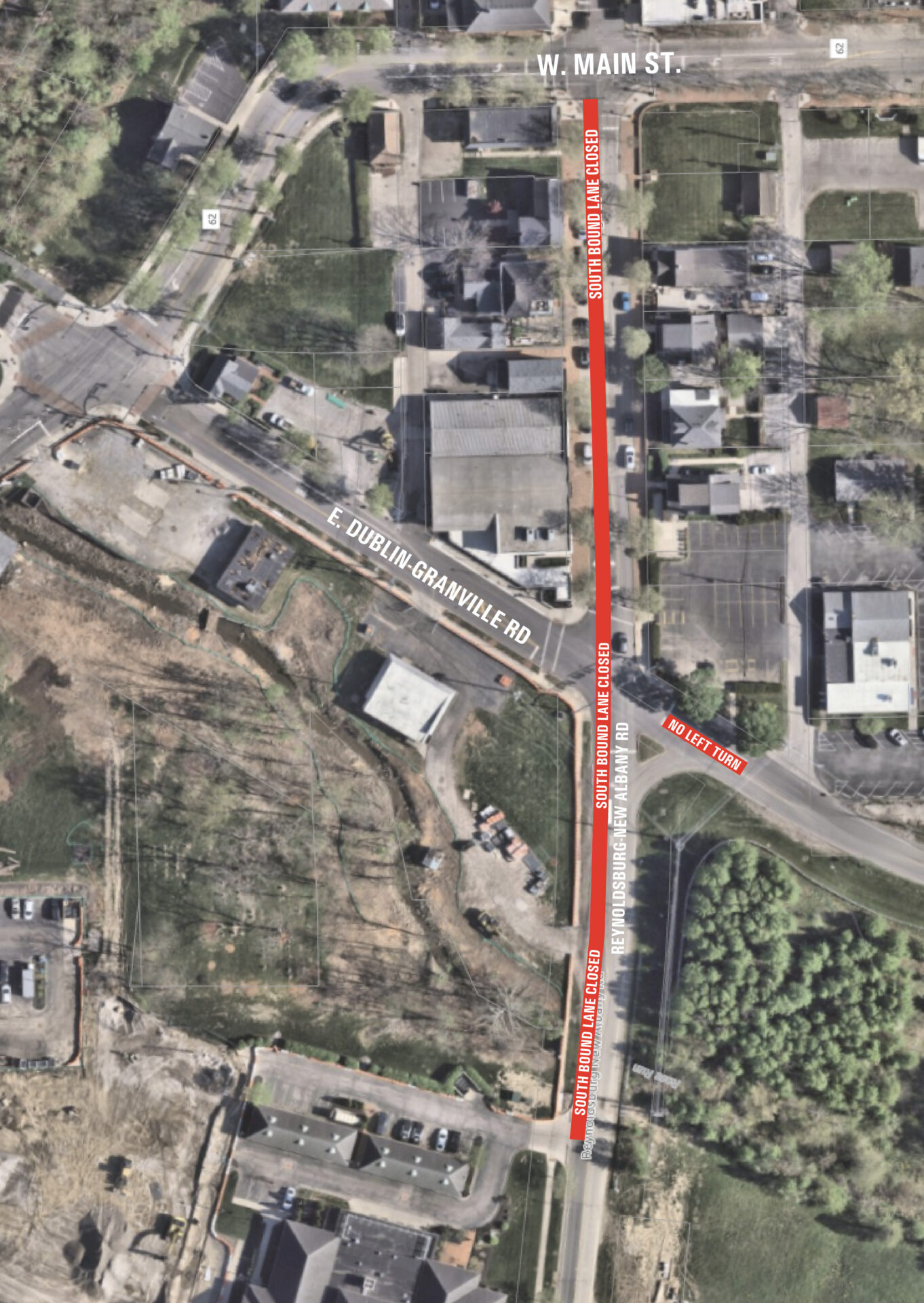 Overhead view of a map with a red line saying south high street closed.