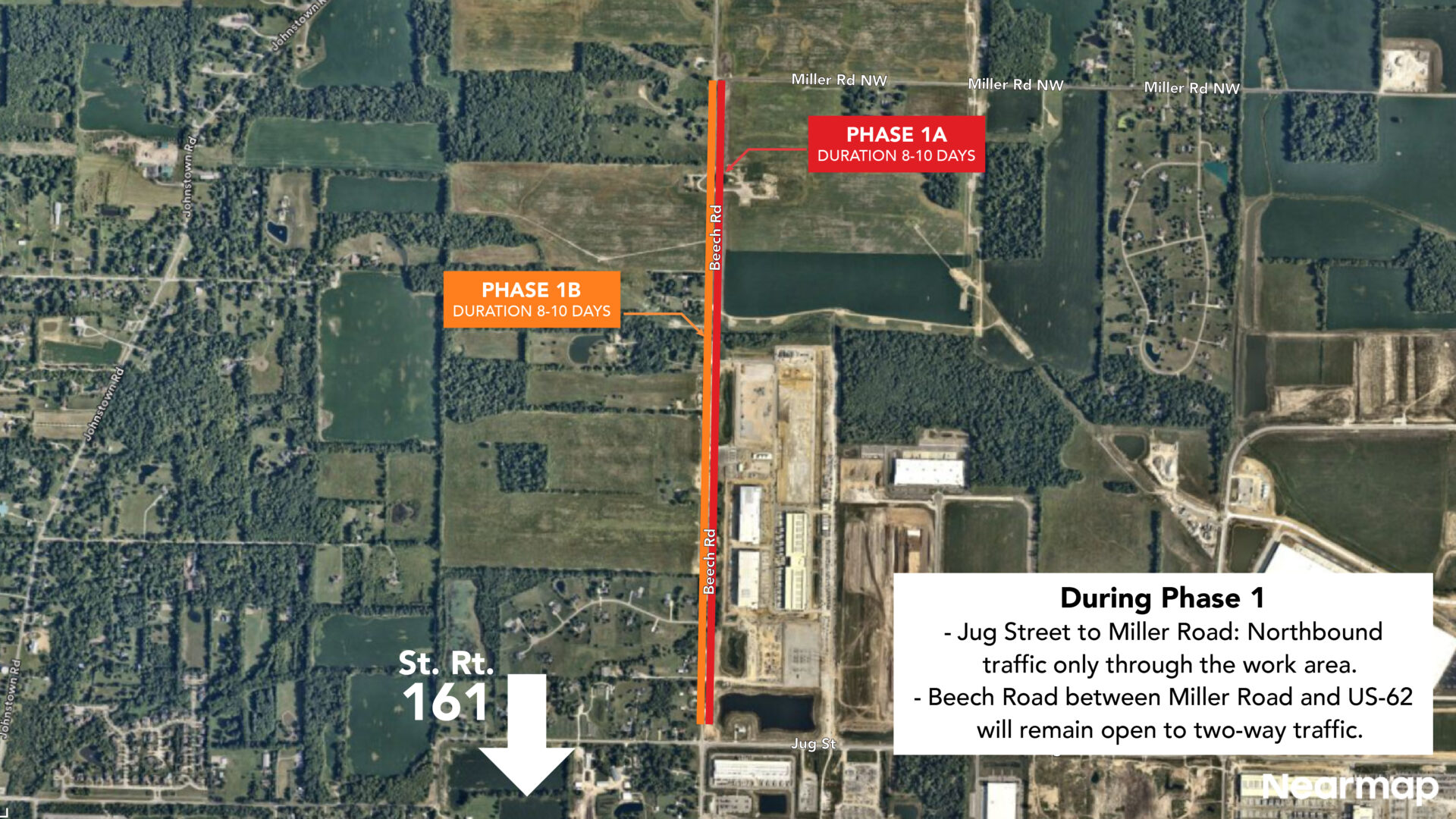 An overhead view of Beech Road Phase 1 with text that reads "Phase 1 — Jug Street to Miller Road: Northbound traffic only through the work area. Beech Road between Miller Road and US-62 will remain open to two-way traffic."