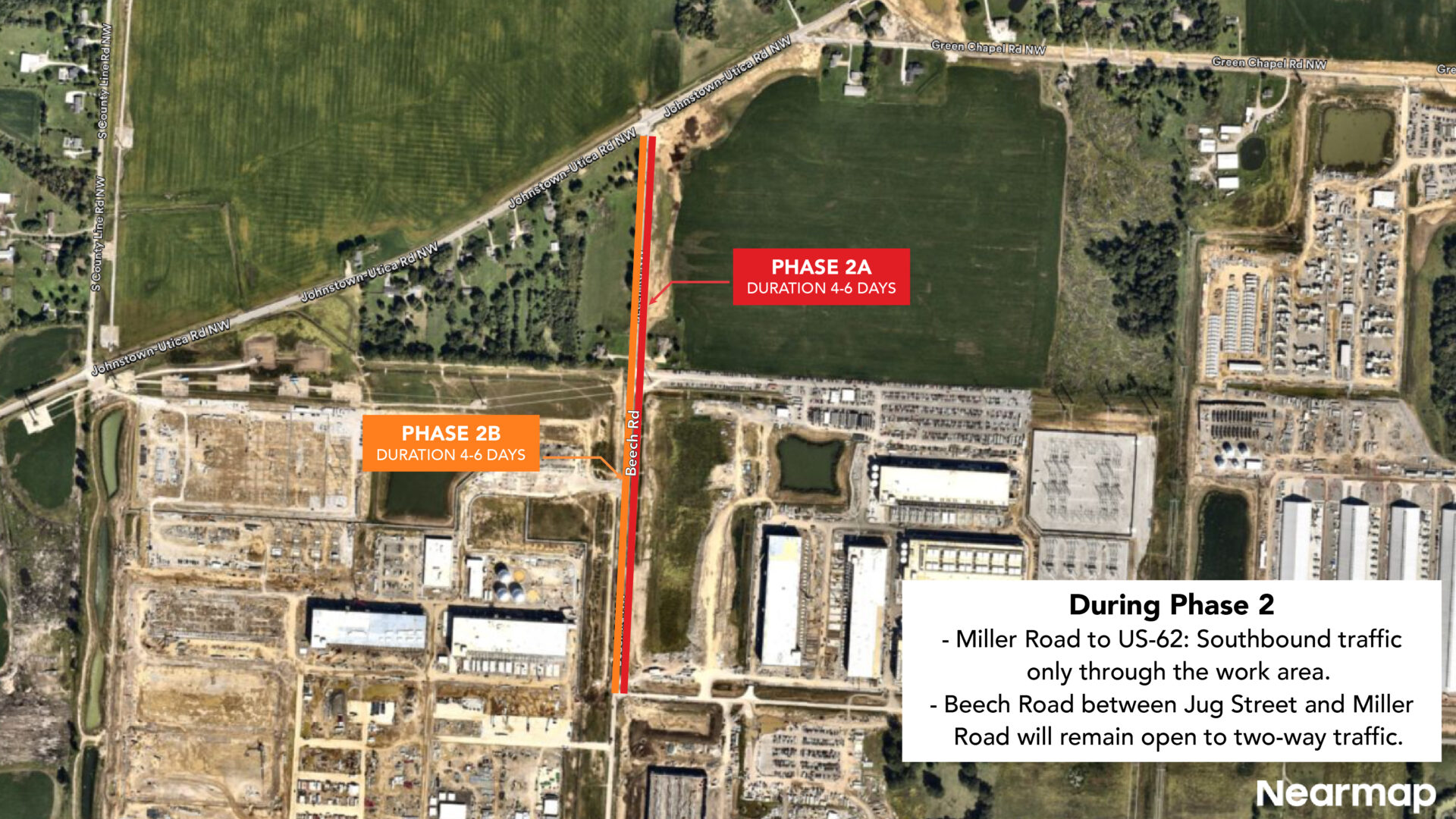 An overhead view of phase 2 with text that reads "Phase 2 — Miller Road to US-62: Southbound traffic only through the work area. Beech Road between Jug Street and Miller Road will remain open to two-way traffic."
