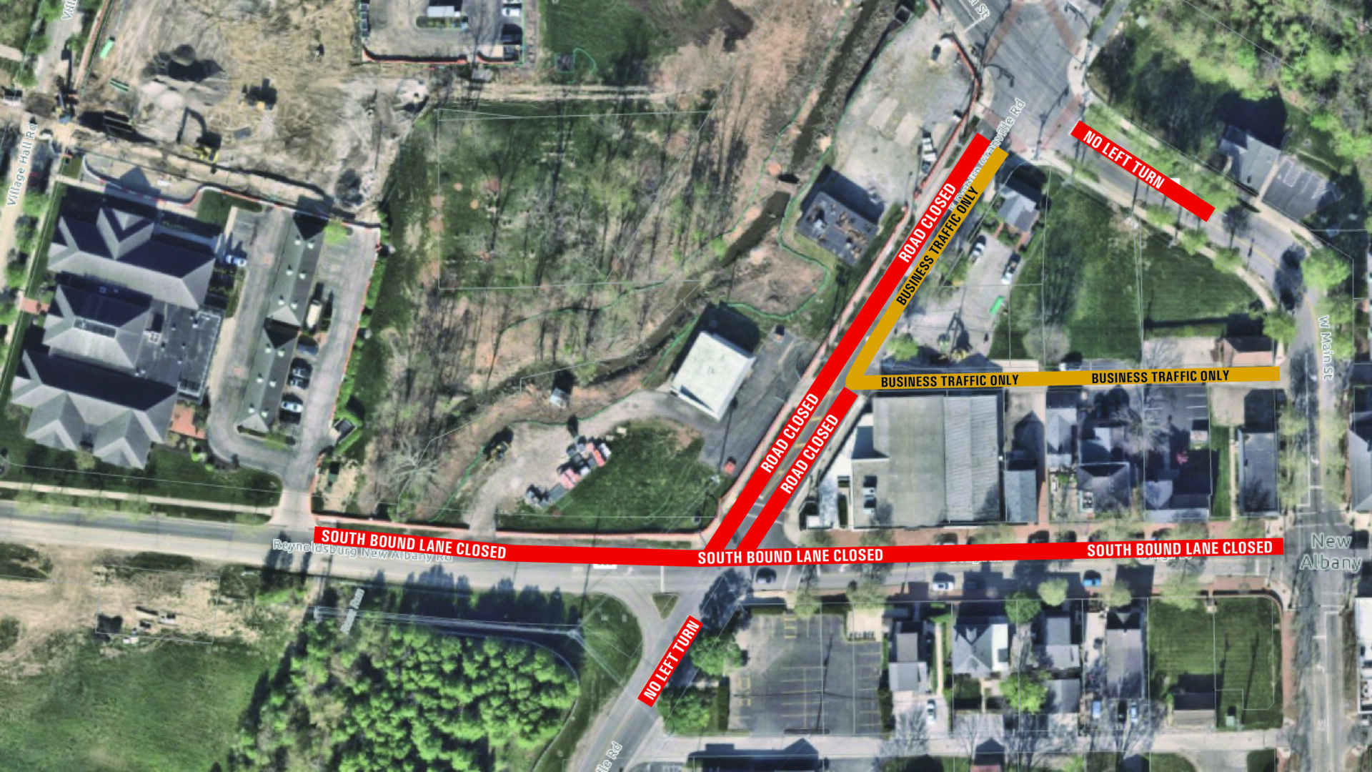 an overhead view of road closures happening on Dublin Granville and S High Street.